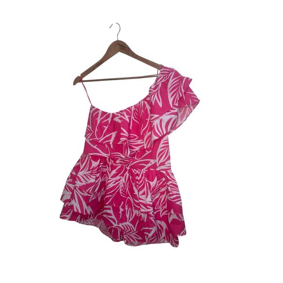 Azura Pink Tropical One Shoulder Ruffle Romper with pockets– Size L - Picture 12 of 14